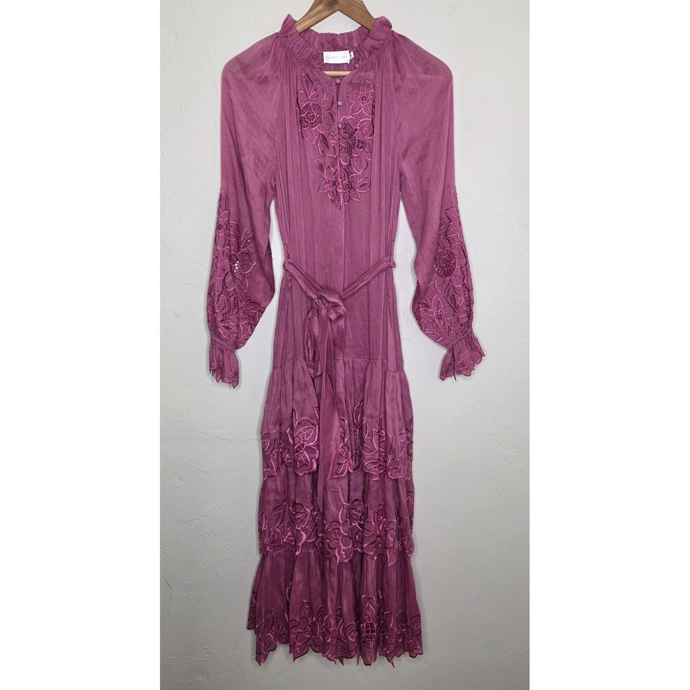 CHRISTY LYNN Sheer Linen Silk Fuschia Pink  Dress Women's Size XS Tiered Floral
